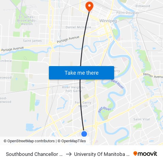 Southbound Chancellor at Lake Grove West to University Of Manitoba Bannatyne Campus map