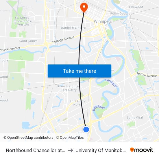 Northbound Chancellor at Southwest Transitway to University Of Manitoba Bannatyne Campus map