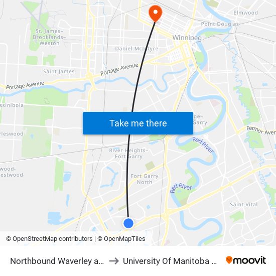 Northbound Waverley at Abinojii Mikanah to University Of Manitoba Bannatyne Campus map