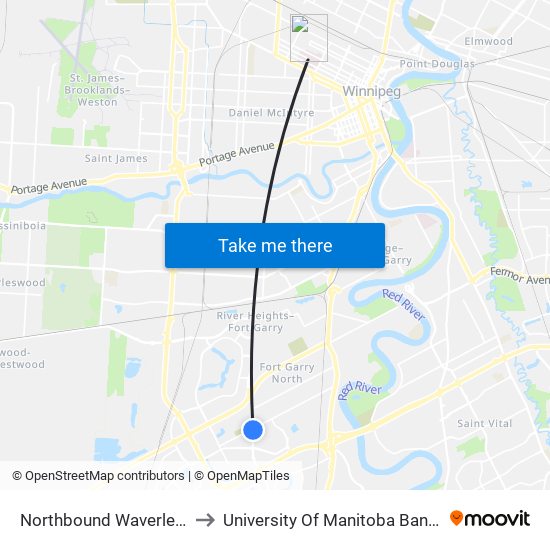 Northbound Waverley at Chevrier to University Of Manitoba Bannatyne Campus map