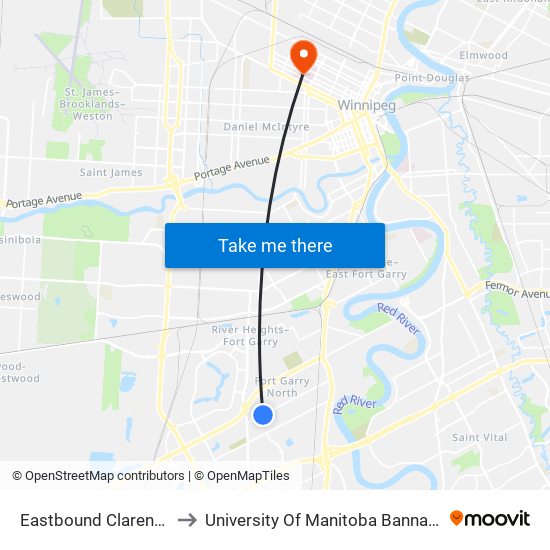 Eastbound Clarence at Mci to University Of Manitoba Bannatyne Campus map