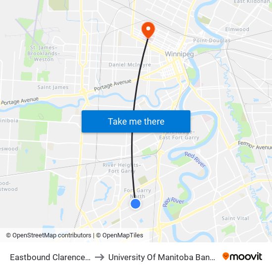 Eastbound Clarence at Hamelin to University Of Manitoba Bannatyne Campus map