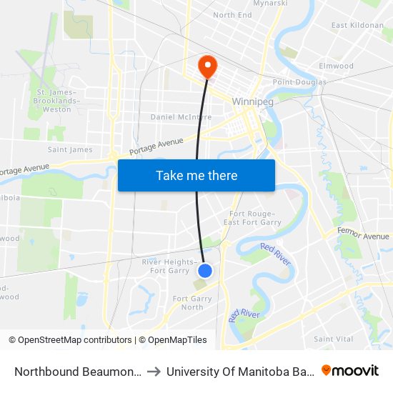 Northbound Beaumont at Somerville to University Of Manitoba Bannatyne Campus map