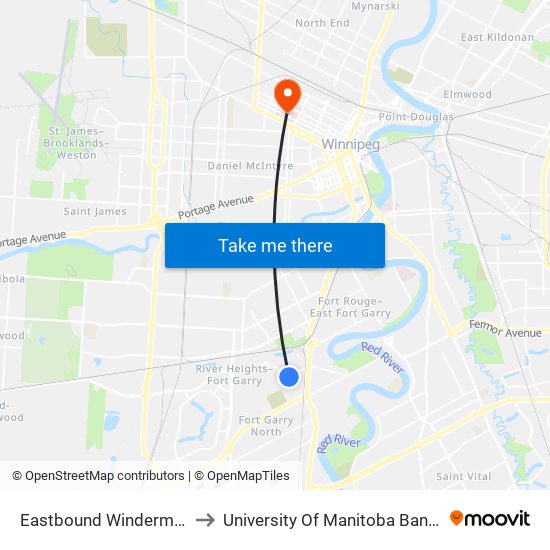 Eastbound Windermere at Daniel to University Of Manitoba Bannatyne Campus map