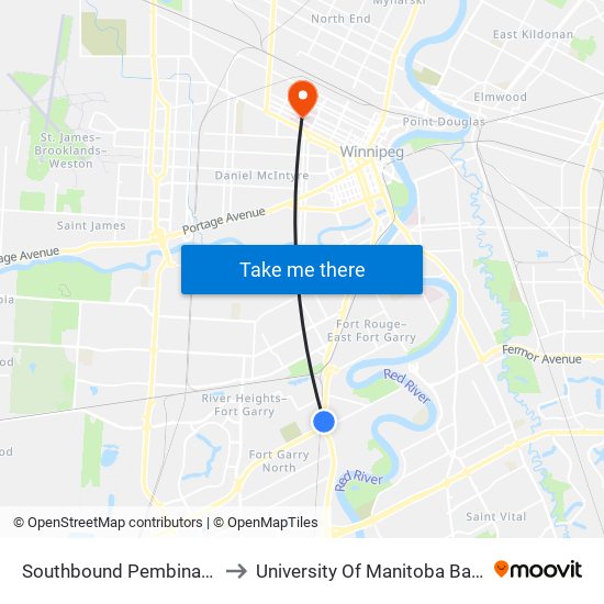 Southbound Pembina at Southwood to University Of Manitoba Bannatyne Campus map