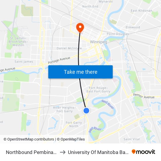 Northbound Pembina at North Drive to University Of Manitoba Bannatyne Campus map