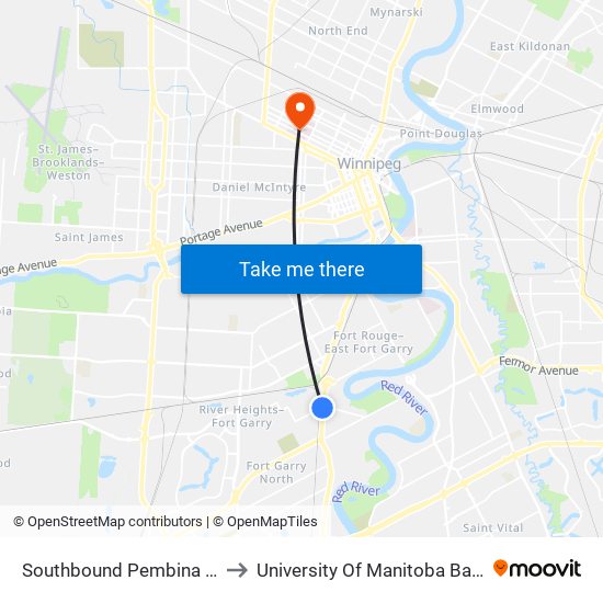 Southbound Pembina at Windermere to University Of Manitoba Bannatyne Campus map