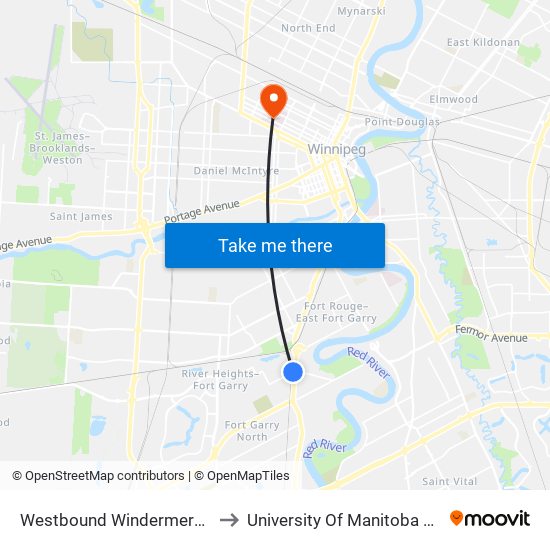 Westbound Windermere at Pembina West to University Of Manitoba Bannatyne Campus map