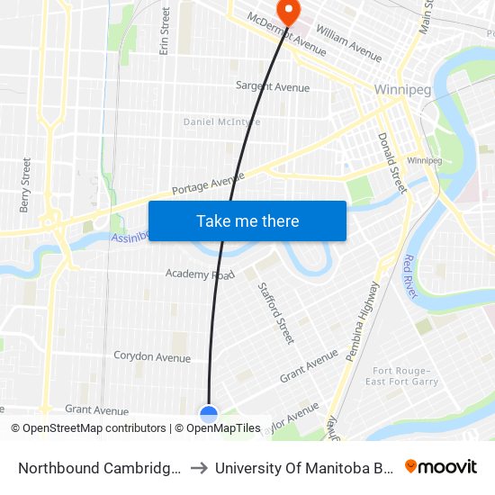 Northbound Cambridge at Grant North to University Of Manitoba Bannatyne Campus map