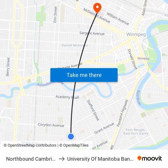 Northbound Cambridge at Fleet to University Of Manitoba Bannatyne Campus map