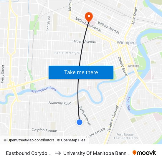 Eastbound Corydon at Guelph to University Of Manitoba Bannatyne Campus map