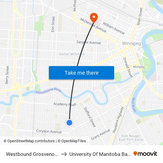 Westbound Grosvenor at Cambridge to University Of Manitoba Bannatyne Campus map