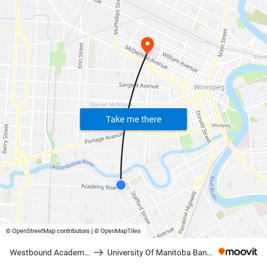 Westbound Academy at Harrow to University Of Manitoba Bannatyne Campus map