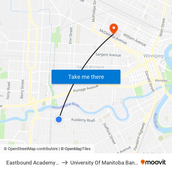 Eastbound Academy at Campbell to University Of Manitoba Bannatyne Campus map