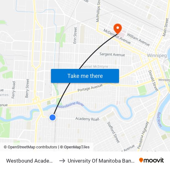 Westbound Academy at Lanark to University Of Manitoba Bannatyne Campus map