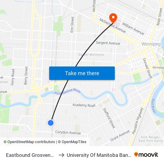 Eastbound Grosvenor at Renfrew to University Of Manitoba Bannatyne Campus map