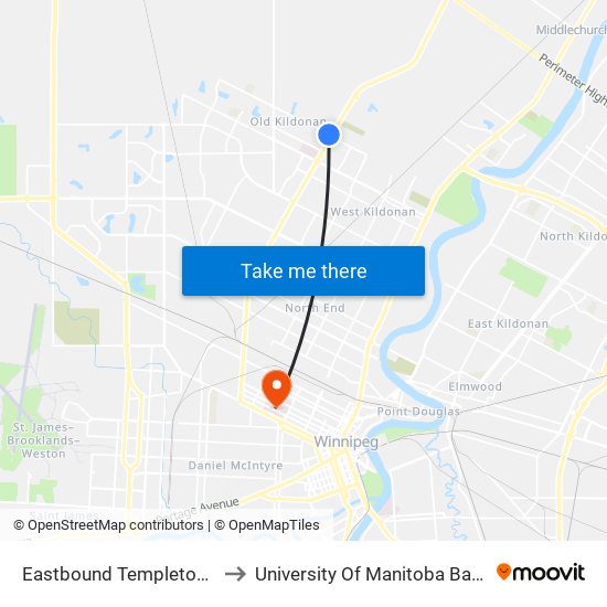 Eastbound Templeton at Mcphillips to University Of Manitoba Bannatyne Campus map