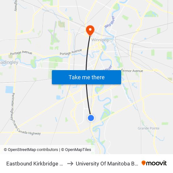 Eastbound Kirkbridge at Pembina West to University Of Manitoba Bannatyne Campus map