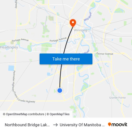 Northbound Bridge Lake at Stone Meadow to University Of Manitoba Bannatyne Campus map