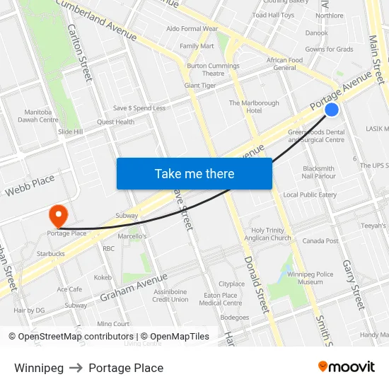 Winnipeg to Portage Place map