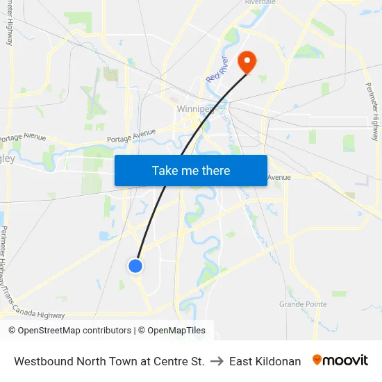 Westbound North Town at Centre St. to East Kildonan map