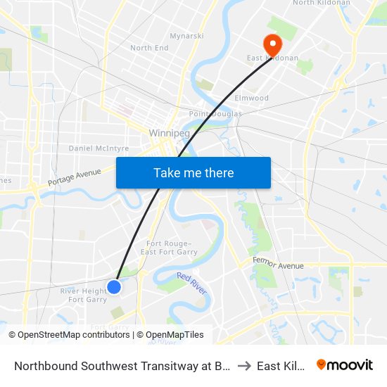 Northbound Southwest Transitway at Beaumont Station to East Kildonan map