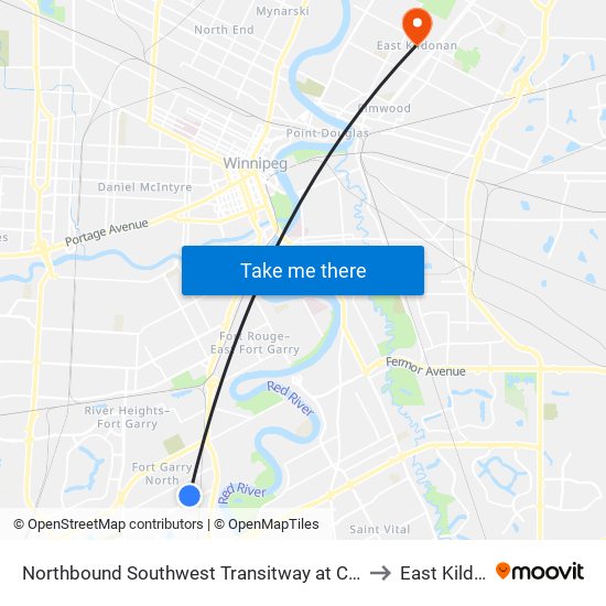 Northbound Southwest Transitway at Chevrier Station to East Kildonan map