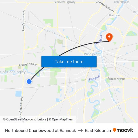 Northbound Charleswood at Rannock to East Kildonan map