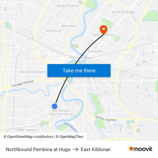 Northbound Pembina at Hugo to East Kildonan map