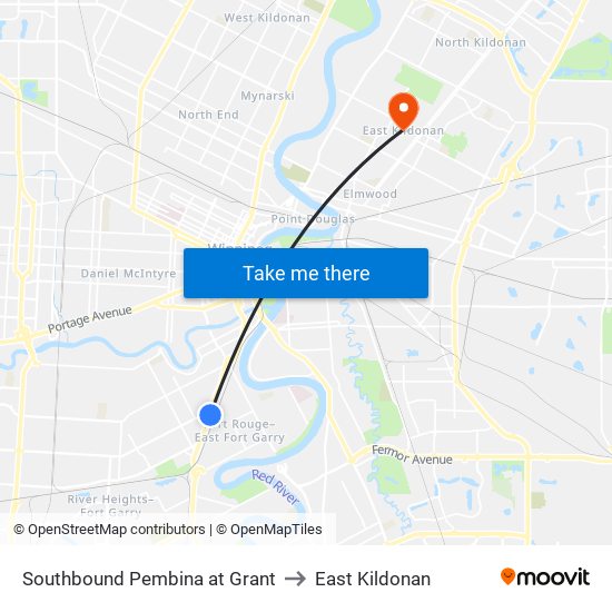 Southbound Pembina at Grant to East Kildonan map