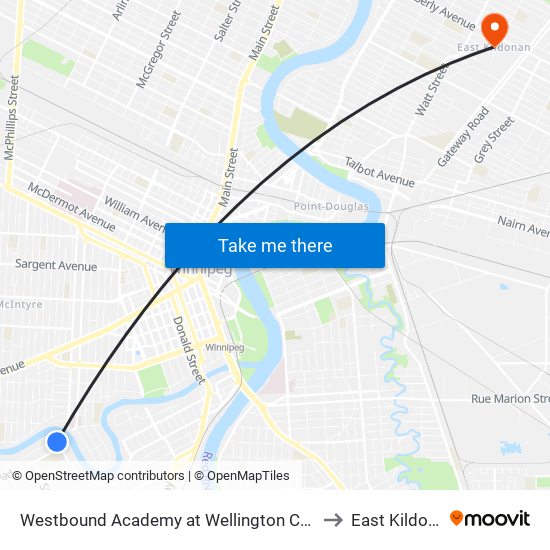 Westbound Academy at Wellington Crescent to East Kildonan map