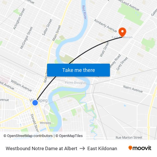 Westbound Notre Dame at Albert to East Kildonan map