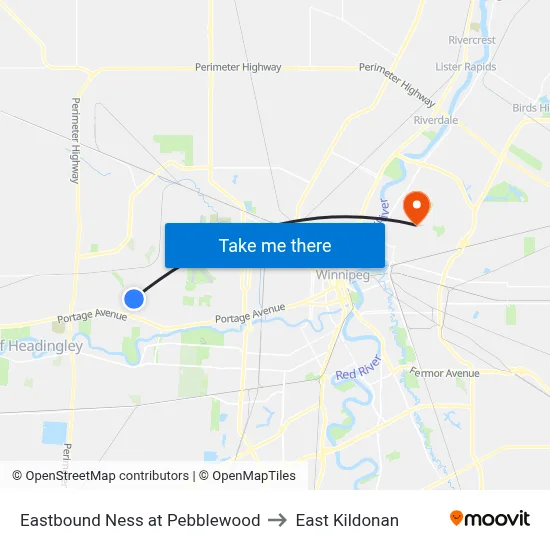 Eastbound Ness at Pebblewood to East Kildonan map