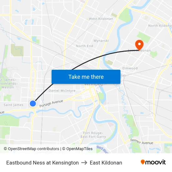 Eastbound Ness at Kensington to East Kildonan map