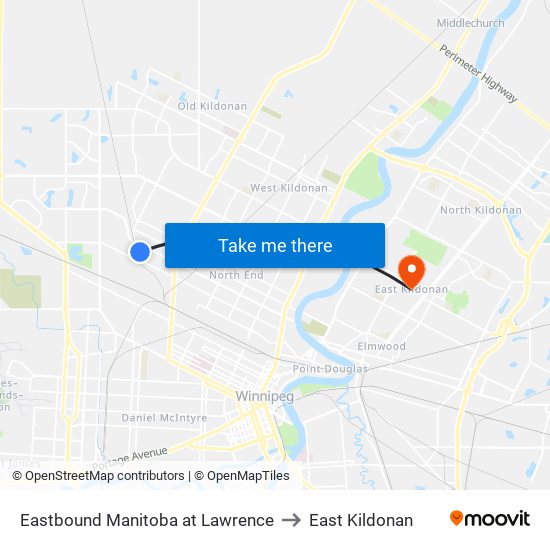 Eastbound Manitoba at Lawrence to East Kildonan map