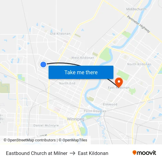 Eastbound Church at Milner to East Kildonan map