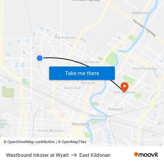 Westbound Inkster at Wyatt to East Kildonan map