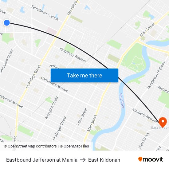 Eastbound Jefferson at Manila to East Kildonan map