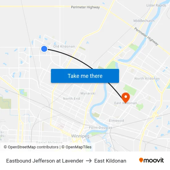 Eastbound Jefferson at Lavender to East Kildonan map