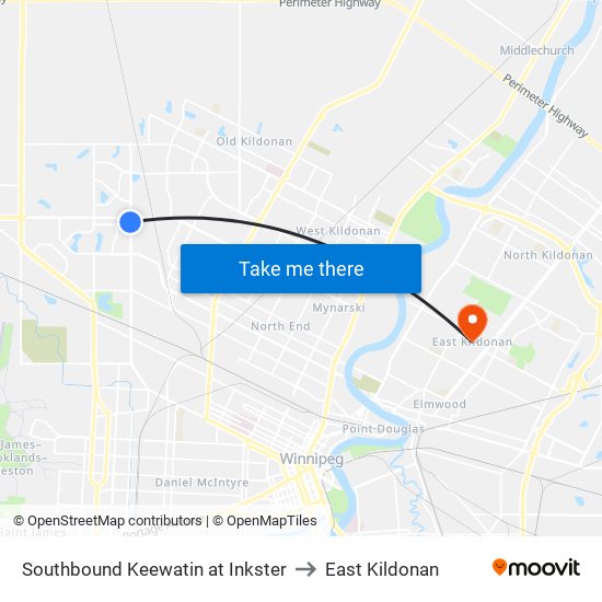 Southbound Keewatin at Inkster to East Kildonan map