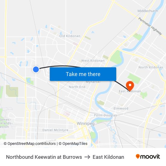 Northbound Keewatin at Burrows to East Kildonan map