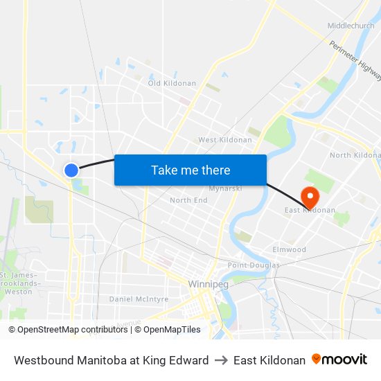 Westbound Manitoba at King Edward to East Kildonan map