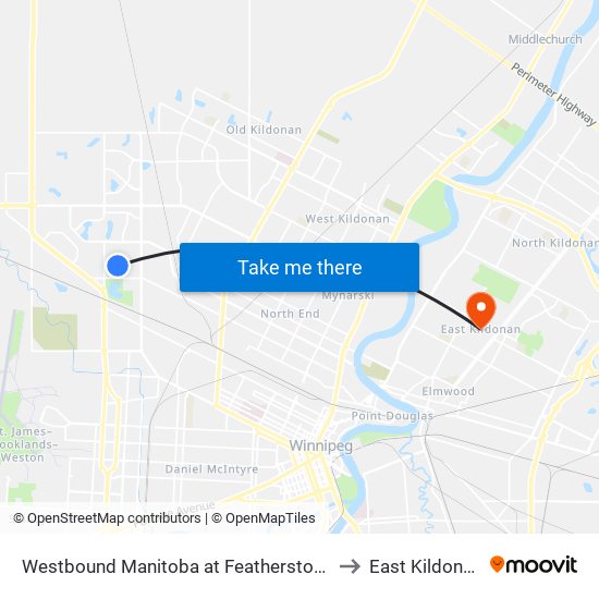 Westbound Manitoba at Featherstone to East Kildonan map