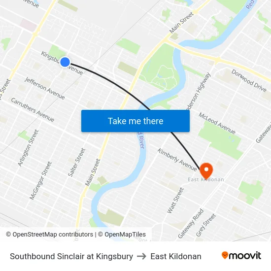 Southbound Sinclair at Kingsbury to East Kildonan map