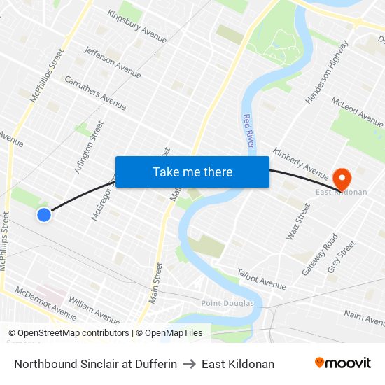 Northbound Sinclair at Dufferin to East Kildonan map