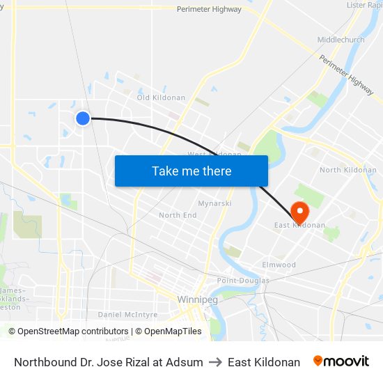 Northbound Dr. Jose Rizal at Adsum to East Kildonan map