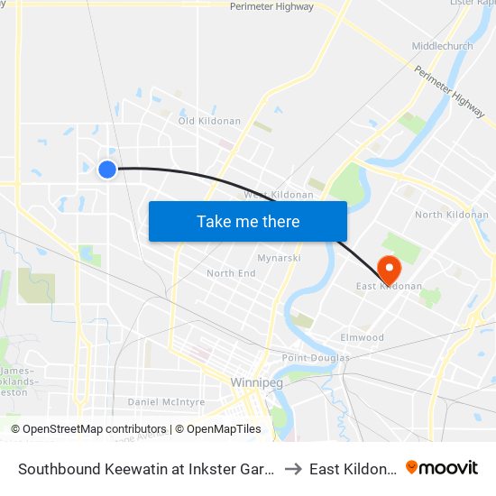 Southbound Keewatin at Inkster Garden to East Kildonan map