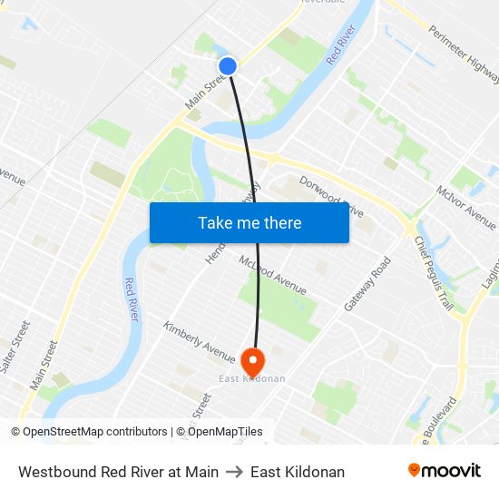 Westbound Red River at Main to East Kildonan map