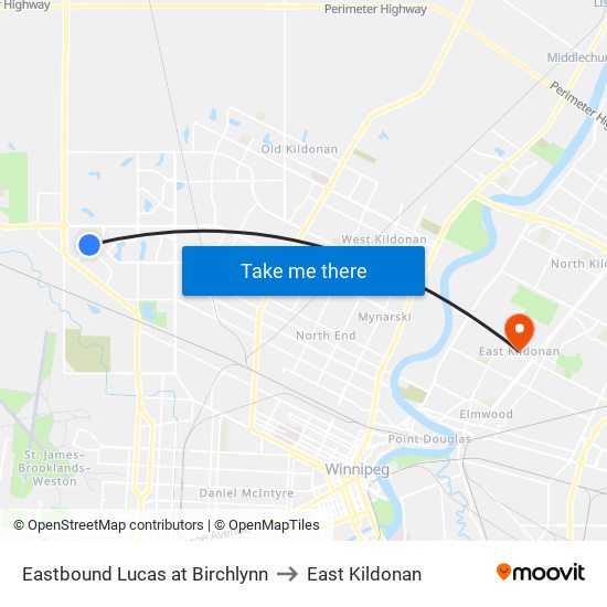 Eastbound Lucas at Birchlynn to East Kildonan map