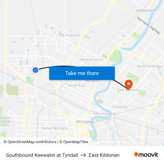 Southbound Keewatin at Tyndall to East Kildonan map